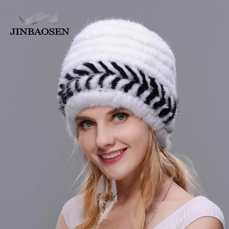 JINBAOSEN Women Winter Thick Warm Cap Real Mink Fur Hats for  Knitted Mink Fur Pom Poms Beanies with Fox Fur Ball Brand