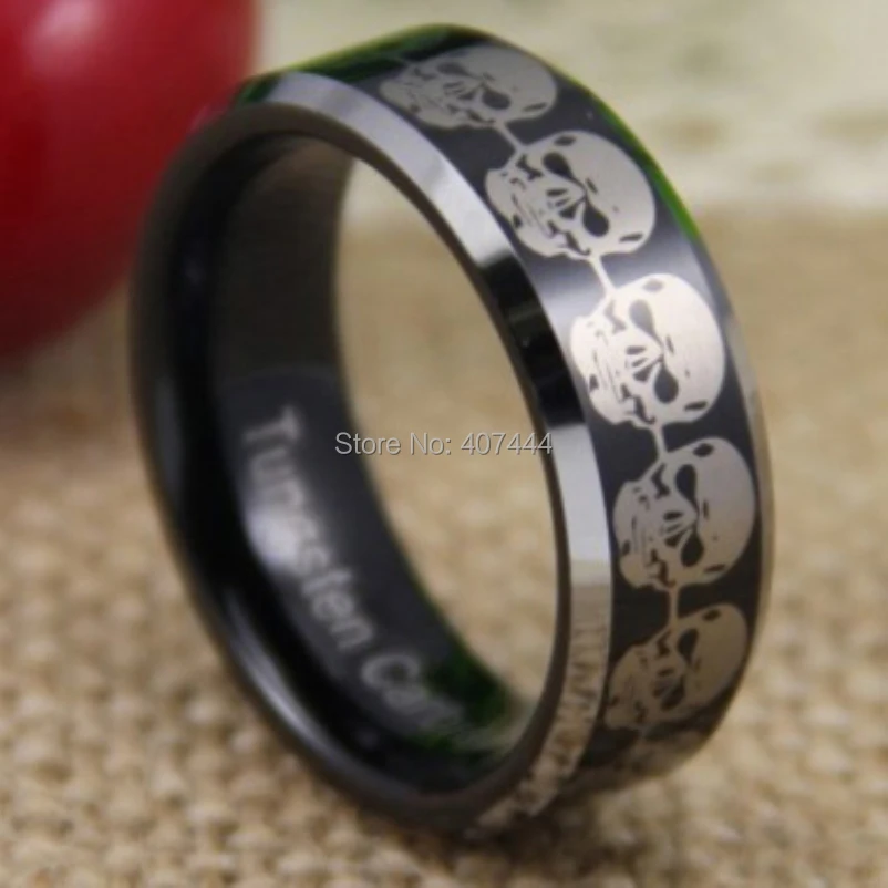 

Free Shipping YGK JEWELRY Hot Sale 8MM Comfort Fit Cool Skulls Black Silver Beveled Men's Tungsten Wedding Ring