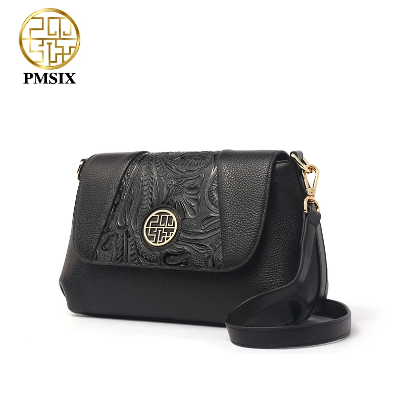 PMSIX 2020 Embossed Floral Genuine Leather Shoulder Bag Casual Black Ladies Cross-body Bag Long Straps Messenger Bags