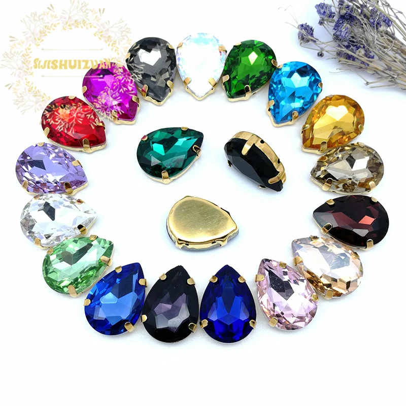 Best-selling mix color Water drop shape Crystal Glass Sew-on Rhinestones with gold Claw DIY wedding Dresses and Clothes