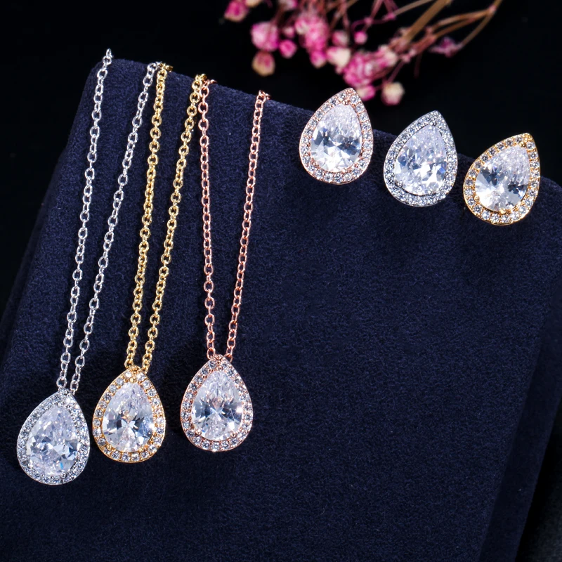 CWWZircons Tear Drop Design Simple Fashion Pear Cut Cubic Zirconia Necklace Pendant and Earrings Jewelry Sets For Women T058