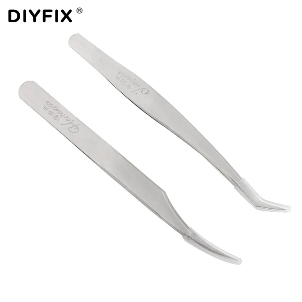 DIYFIX 2 قطعة الدقة الإلكترونية ملاقط مكافحة ساكنة مقاطع منحني نصائح ملقط غرامة نقطة ل رمش تمديد اليد أدوات مجموعة