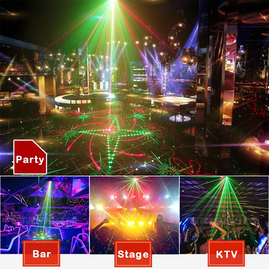 LED Club Disco DJ Party Light Red Green Laser Projector Lights with 16 Patterns Sound Control LED Xmas stage Projector Light