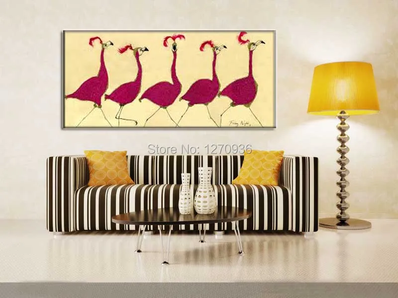 Five Piece Red Tall Birds Walking on a Line to Go Home Decor Painting High Quality Biggest Size Flamingo Oil Painting on Canvas