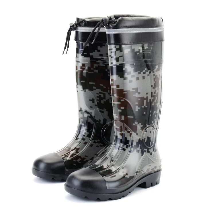 Rouroliu Men Winter Warm Knee-high PVC Rain Boots Non-slip Camouflage Rainboots Waterproof Male Water Shoes Safety TS107