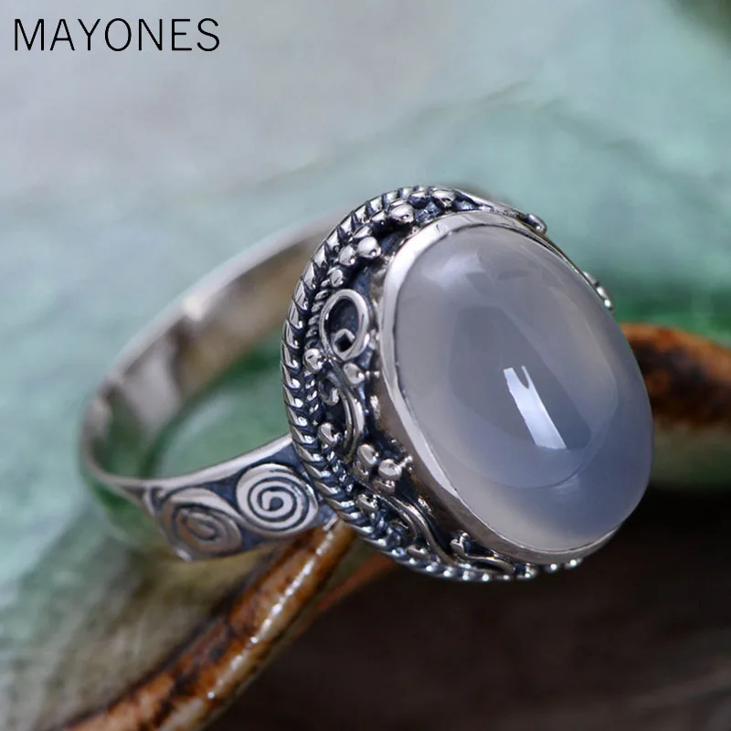 

MAYONES 100% Real 990 Pure Silver Chalcedony Flower Rings for Women Mother Lover Gift Retro Fashion Jewelry Anillos