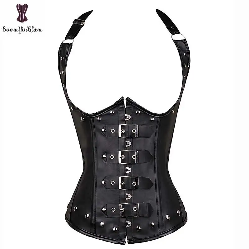 Faux Leather Steampunk Corset Sexy Women Everyday Outwear Front Buckle Closure Rivet Underbust Shoulder Strap Corselet Bustier