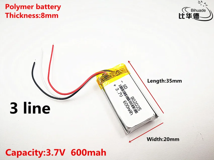 

3 линии 5 шт./лот хорошее качество 3,7 В, 600 мАч, 802035 полимер литий-ионный/литий-ионный аккумулятор для игрушек, банк питания, GPS, mp3, mp4