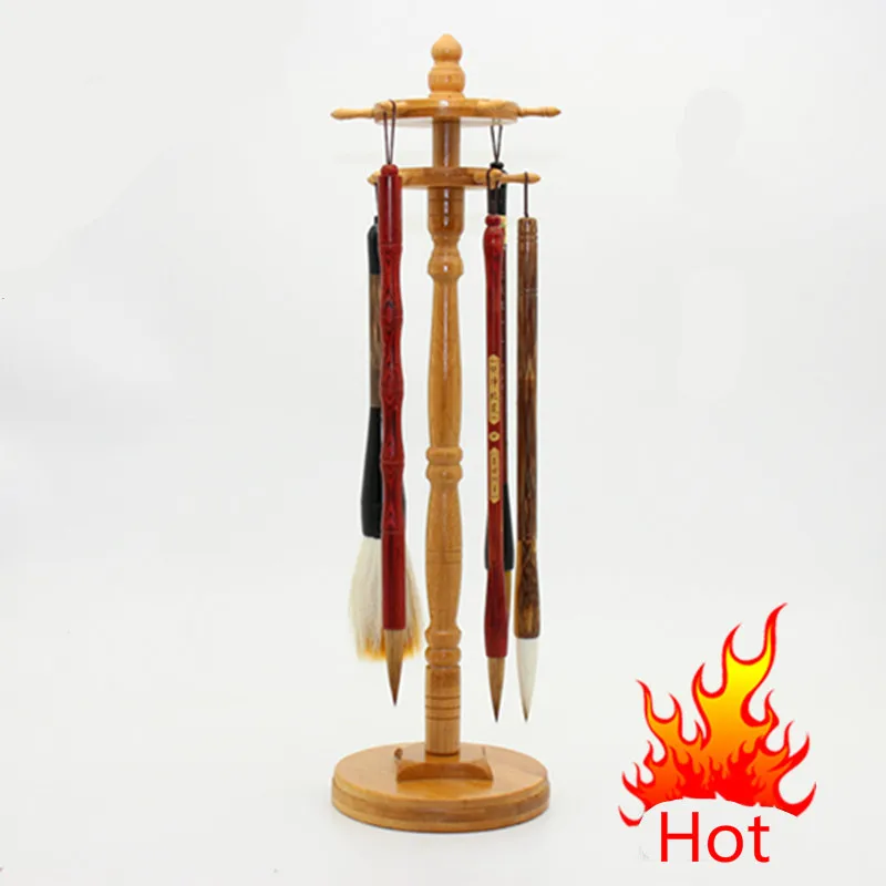 Chinese Brush Pen Hanger Bamboo Calligraphy Brush Holder Double-layer Rotating Chinese Painting Brushes Holder Pen Hanger Rest