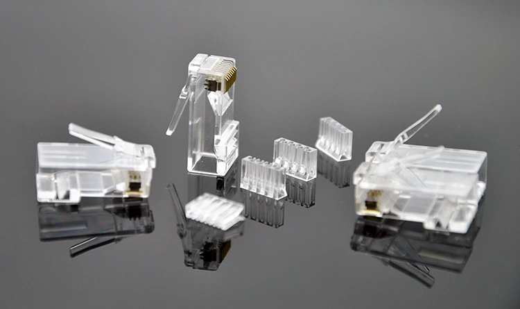 Rj45cat6モジュラープラグutpには、ワイヤー分配用のプラスチックインサートローディングバーが含まれています-3つのプロングブレード