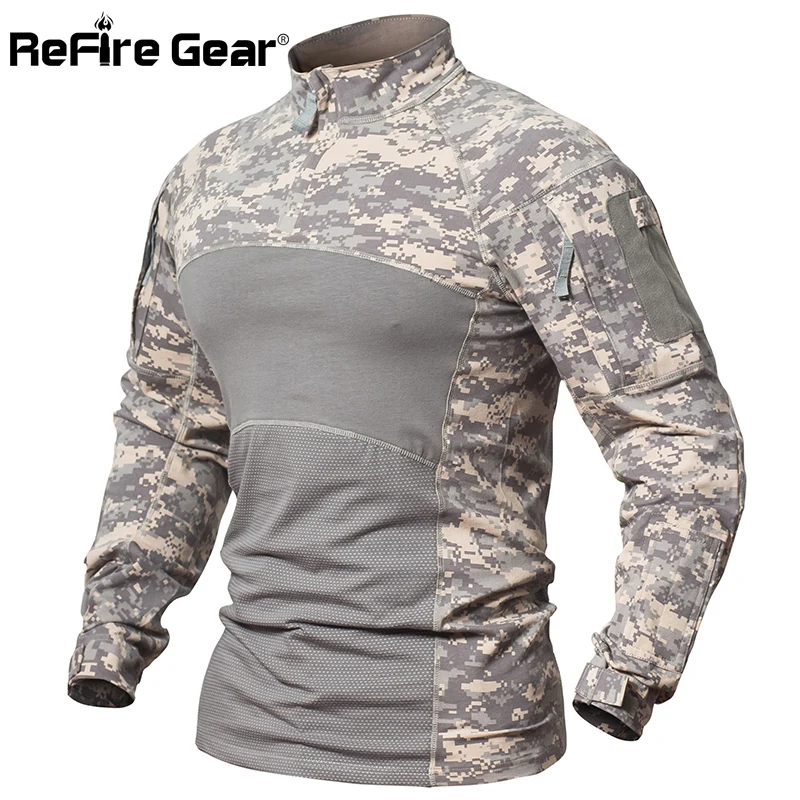 ReFire Gear Tactical Combat Shirt Men Cotton Military Uniform Camouflage T Shirt Multicam US Army Clothes Camo Long Sleeve Shirt