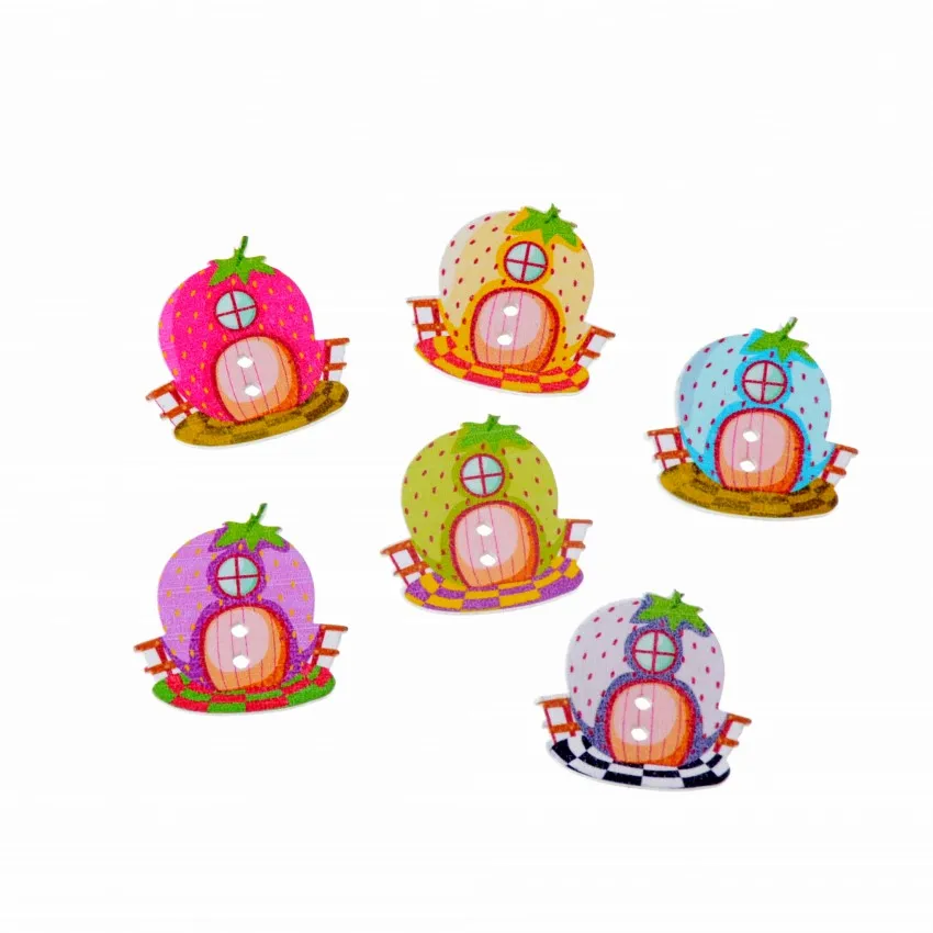 Free Shipping 10Pcs Rondom Mixed Decorative Buttons Cartoon Lovely Strawberry house 2 Holes Pattern Sewing Scrapbooking