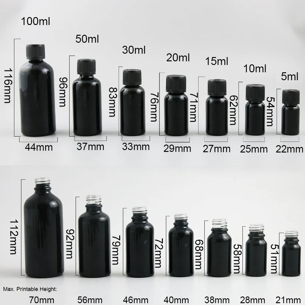 100ml 50ml 30ml 15ml 10ml Paint Shining Black Essential Oil Bottle With Plastic Childproof Cap 1oz Cosmetic Containers 200PCS