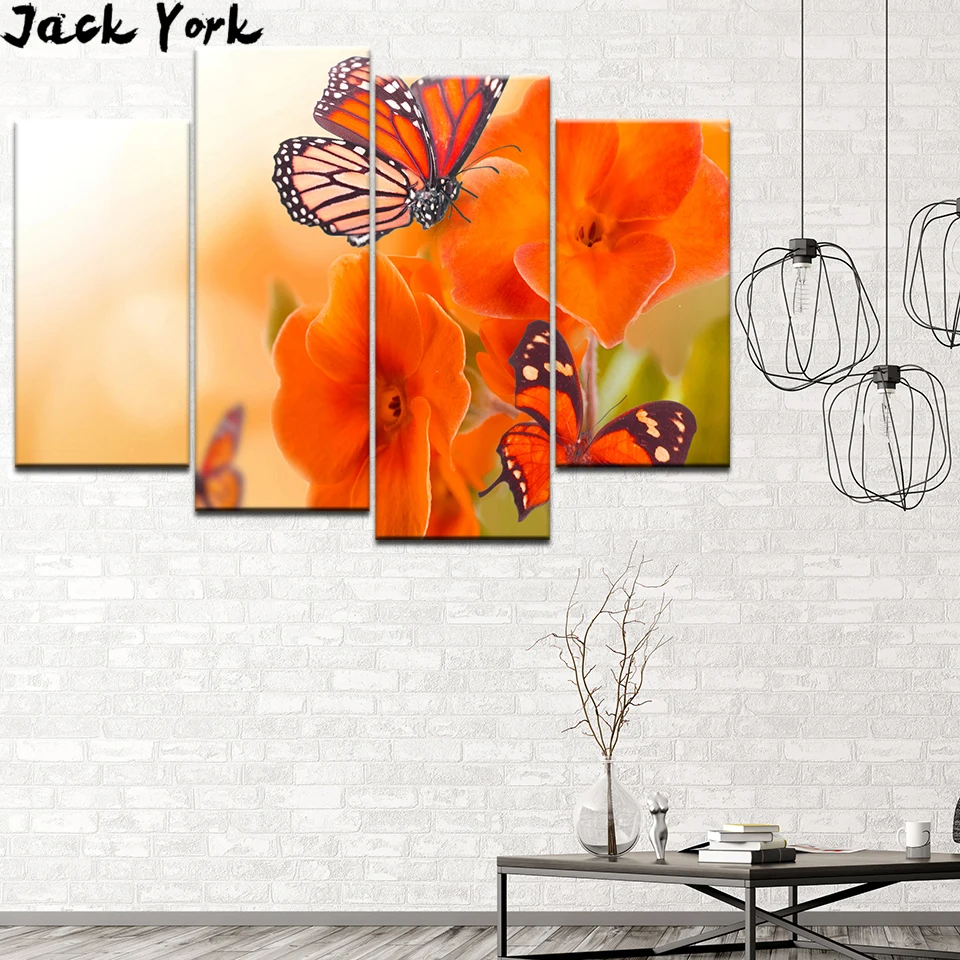 Canvas Painting Best wish Butterfly collecting nectar 4 Pieces Wall Art Painting Modular Wallpapers Poster Print Home Decor