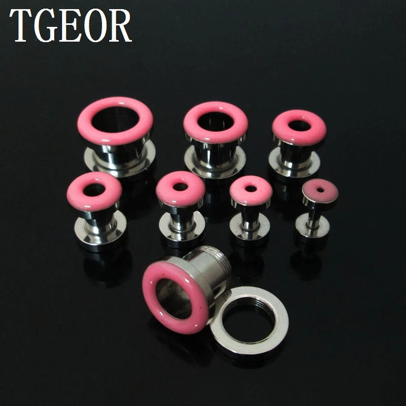 HOT body jewelry 1pcs mixed ear gauges multi colors drop oil printed stainless steel screw on Flesh Tunnel free shipping