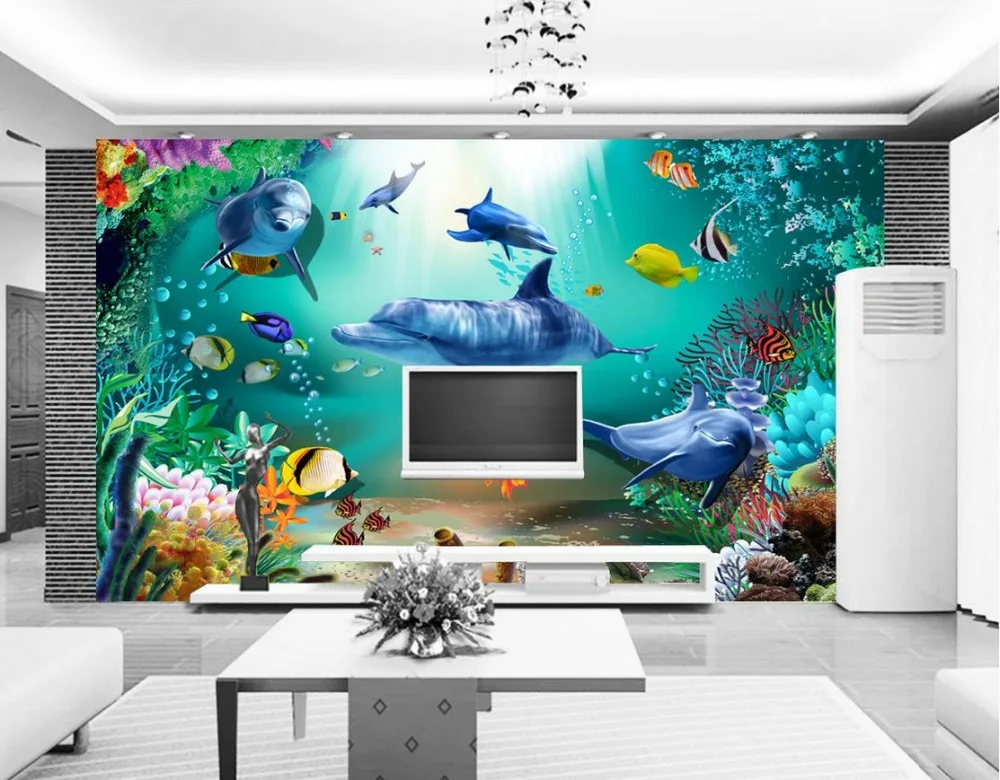 

3d customized wallpaper photo 3d wallpaper Underwater world dolphin sofa background wall murals custom 3d wallpaper