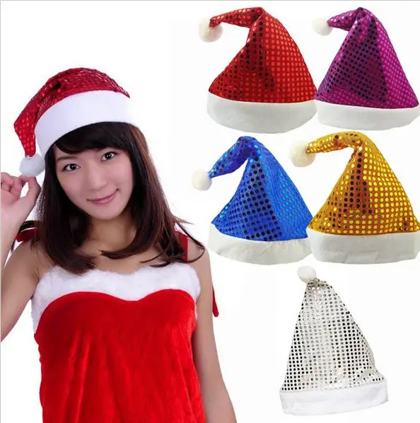 60pcs Christmas Sequin Sheen Santa Hat kids children men women Festive costumes cap Dress up props Party Accessory Supplies