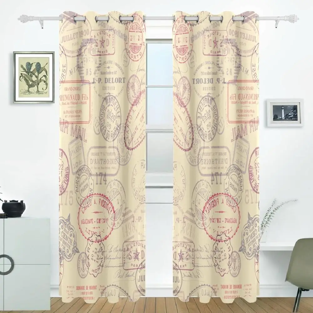 

Background With Vintage Stamps Curtain Drapes Panels Darkening Blackout Grommet Room Divider for Patio Window Sliding Glass Door