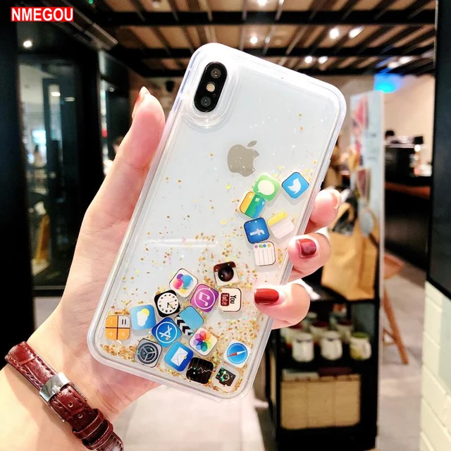 สำหรับ Apple App ไอคอน Liquid Glitter Quicksand ซิลิโคนนุ่มสำหรับ IPhone Xs  Max Xr X 6S Plus 10น่ารัก Coque Bling AliExpress