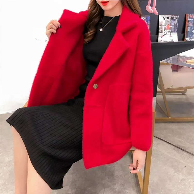 new women imitation mink cashmere coat autumn winter Korean loose Super soft candy color sweater female knit cardigan coat thick