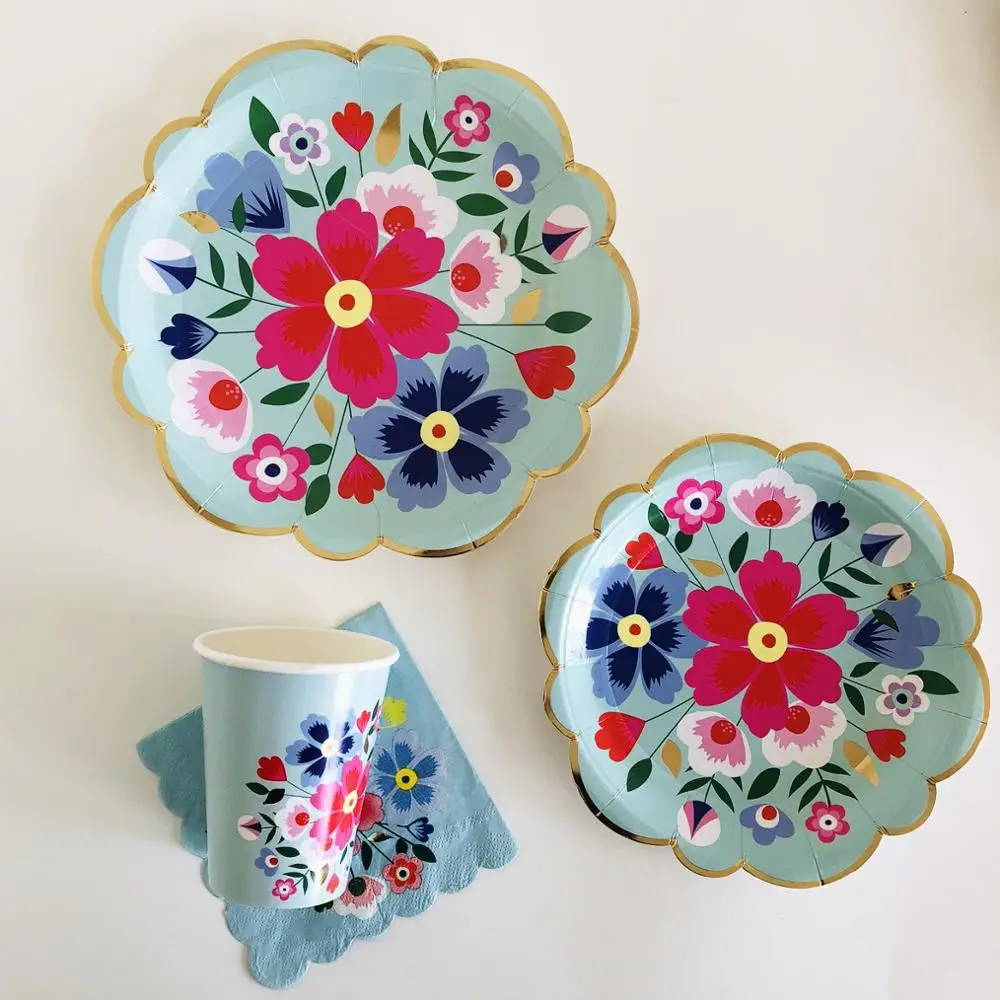 Disposable Tableware Sets Flower Paper Plates Cups Napkins Straw Party Supplies Kids Girl Baby Shower Wedding Birthday Decor