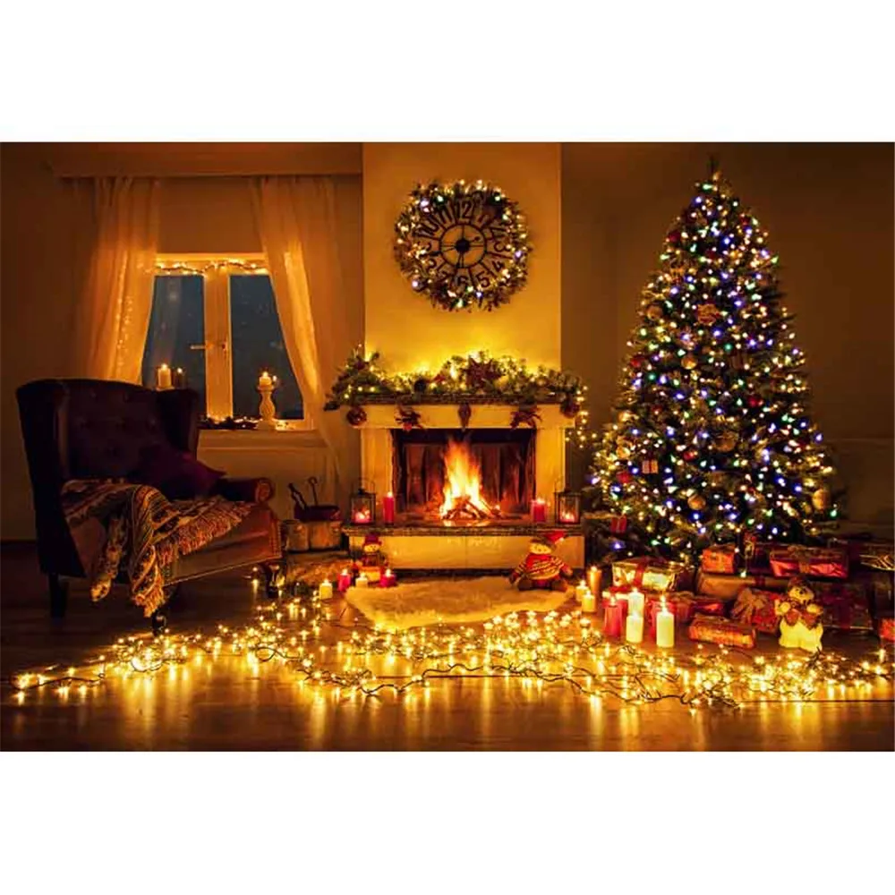 

Indoor Fireplace Christmas Tree Backdrops Home Party Decoration Printed Garland Clock Kids Children Photography Shoot Background