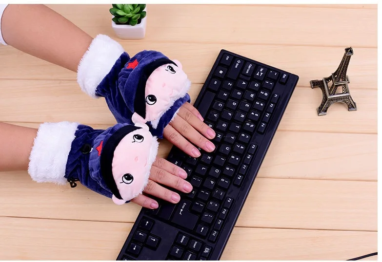 2018 New Casual Fashion Cartoon couple Lei Feng doll plush ladies warm full half finger flip dual-use student Women's gloves