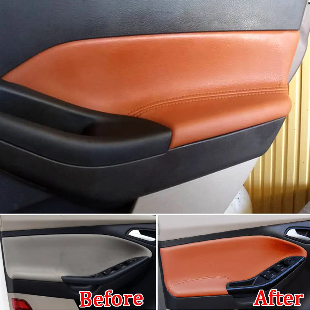 Car Accesorries 4 PCS Car Styling PU Leather Door Panel Armrests Protective Holster Cover Case Stickers for Ford Focus 2015-2018