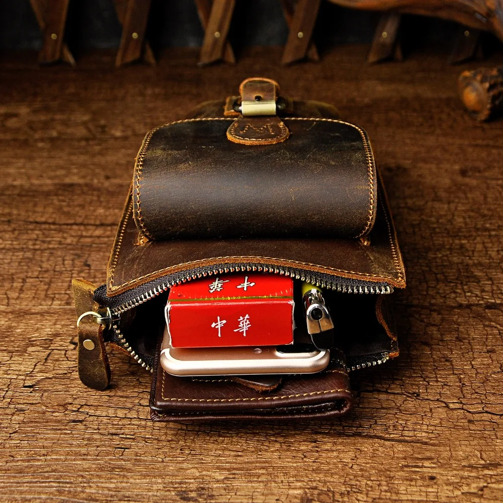 Original Leather Male Casual Vintage Design Shoulder Messenger bag Multifunction Fashion Belt Waist bag Summer Phone Pouch 6402