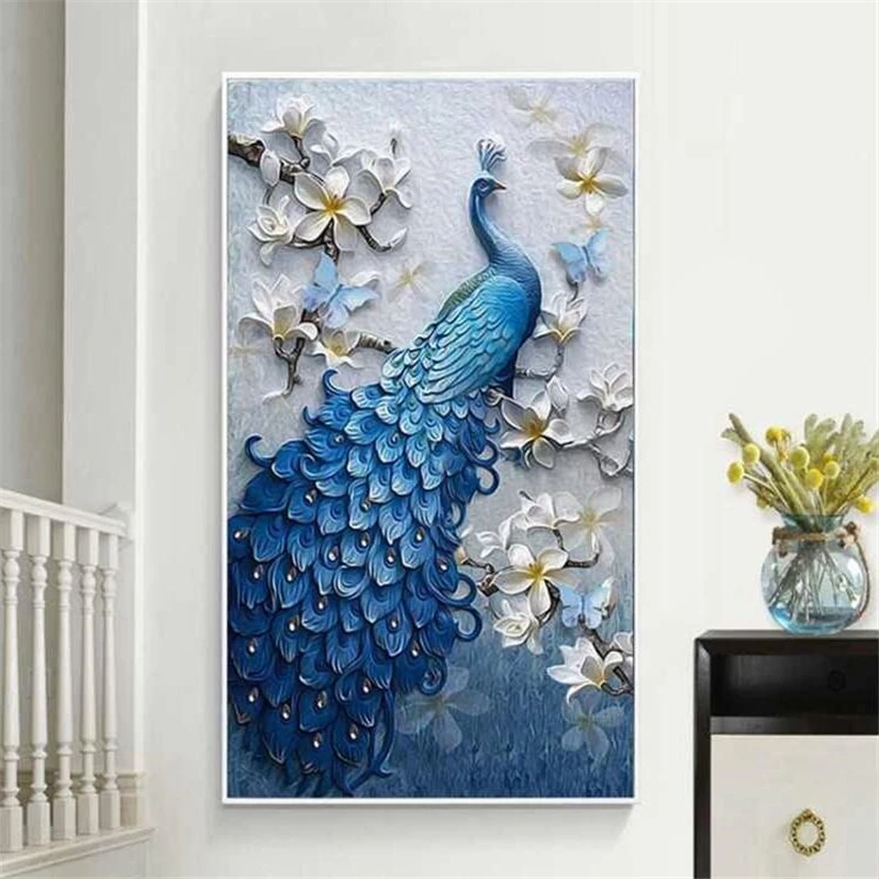 beibehang Custom wallpaper 3d mural modern fresh embossed oil painting peacock porch background decorative painting 3d wallpaper