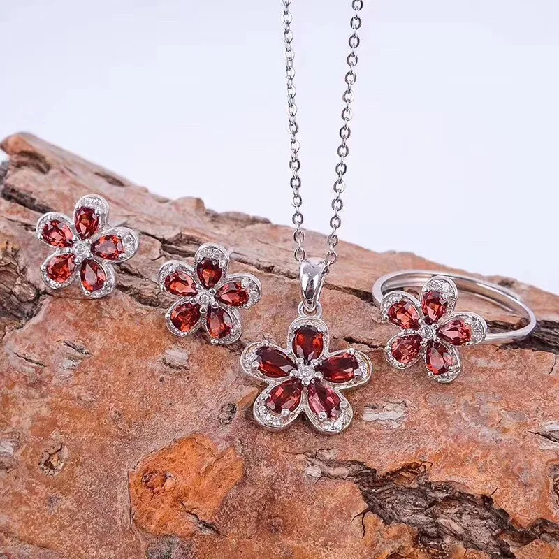 Flower Style Natural garnet jewelry set 925 sterling silver Set is 1pc ring,1pc pendant,1pair stud earrings gems