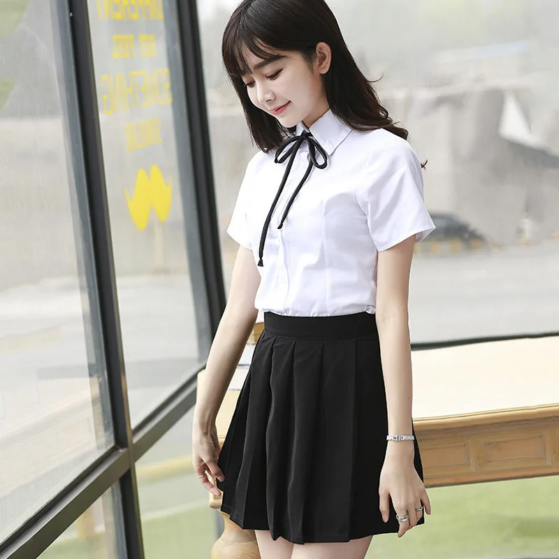 Summer Preppy style White Japanese Student Women School Uniform White color Shirt + Teens short sleeve Black skirt + Ribbon tie