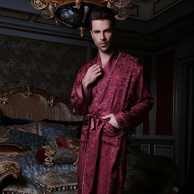 Sexy Genuine Silk Men\'s Sleeping Robes 100% Silkworm Silk Sleepwear Male Fashion Long-Sleeve Bathrobe High Quality Kimono 13167