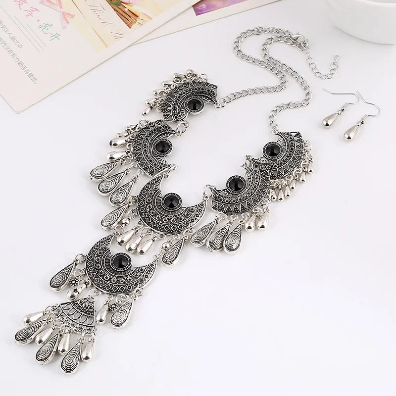 LOVBEAFAS Fashion Choker Bohemian Jewelry Sets Drop Tassel Statement Maxi Necklace Earrings For Women Colar Vintage Jewelry