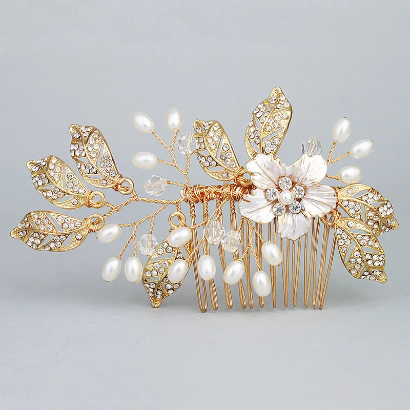 

Floralbride Handmade Alloy Wired Rhinestones Crystal Pearls Flower Wedding Hair Comb Bridal Headpieces Hair Accessories