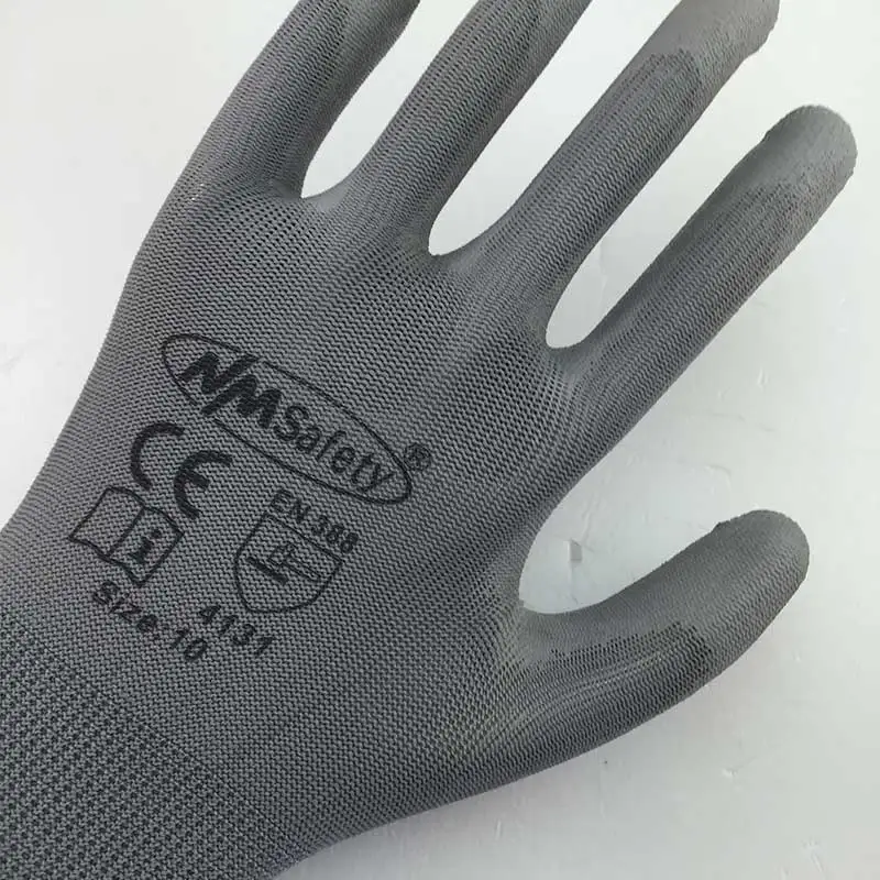 NMSAFETY 13 Gauge Seamless Knitted Nylon Liner Coating PU Palm Working Safety Gloves EN388 CE 4131X