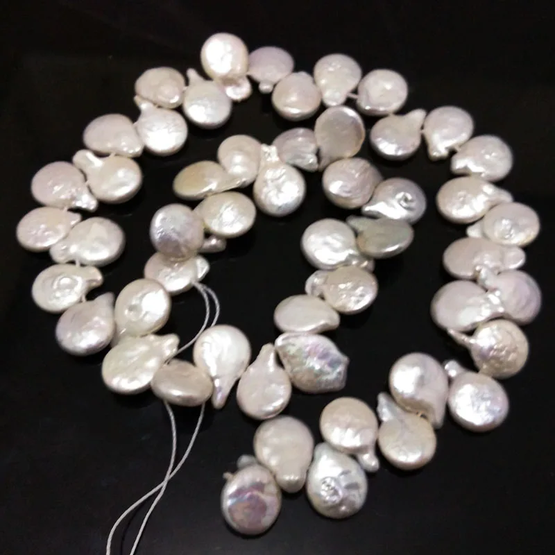 16 inches 11x15mm White Side Drilled Natural Coin Pearls Loose Strand