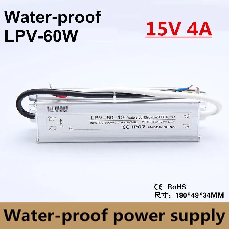 15V 4A 60W AC 90V-260V transformer Aluminum case IP67 Waterproof LED driver Power Supply Adatper for LED Strip Lights LPV-60-15