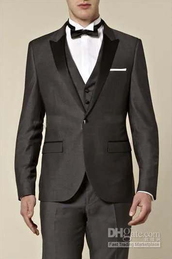 

New Style One Button Grey Groom Tuxedos Best Man Peak Satin Lapel Groomsmen Men Wedding Suits Bridegroom (Jacket+Pants+Tie+Vest)