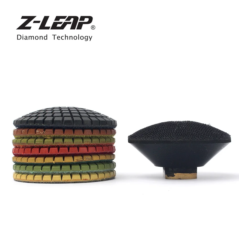 Z-LEAP 3 Inch 7pcs Convex Wet Diamond Polihsng Pads With 1 Piece Rubber Backer M14 Or 5/8-11 Thread Bowl Shaped Sanding Disc