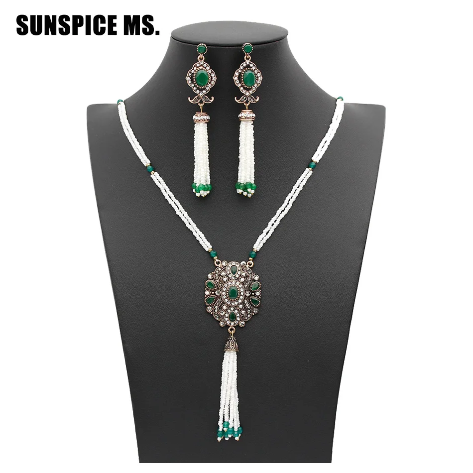 Sunspicems Elegant Turkish Women Bead Jewelry Sets Long Bead Chain Necklace Tassels Earrings Antique Gold Color Arabic Jewelry