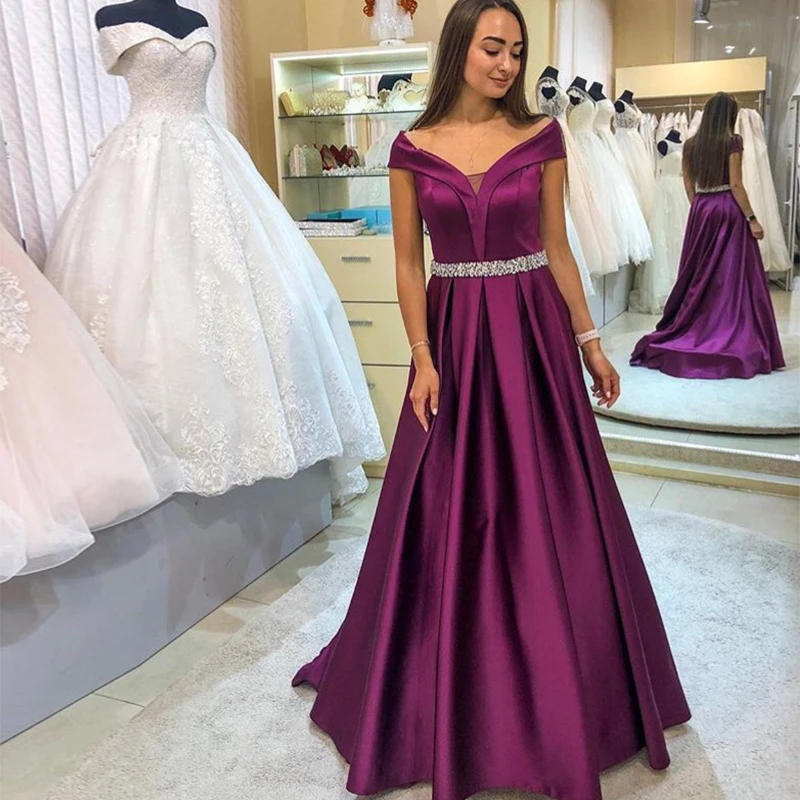 Off The Shoulder Prom Dresses A-line Draped Skirt Long Purple Prom Gowns 2019 Beaded Sashes Sweep Train Women Formal Party Gowns