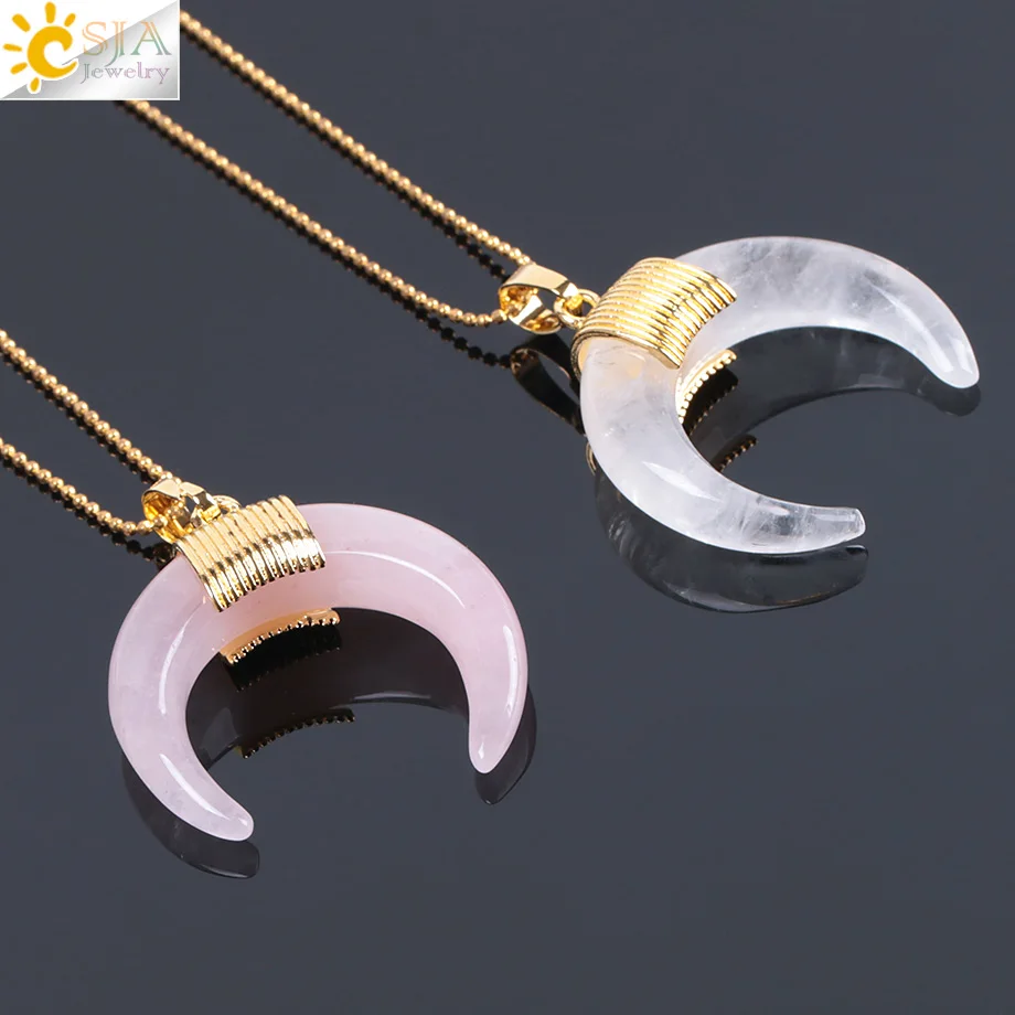 CSJA New Fashion Natural Stone Crescent Half Moon Necklace Pendant with Chain Gold Color Wire Wrapped for Women DIY Jewelry F063