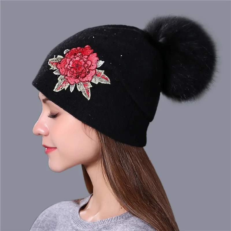 Xthree Female winter hat fashion embroidery knitted beanie hat for women real fox fur pom pom wool hat Skullie hat girls gorro