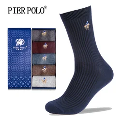 PIER POLO – chaussettes de marque à la mode pour hommes, socquettes à Compression en coton avec broderie pour robe d'hiver, 5 paires/lot