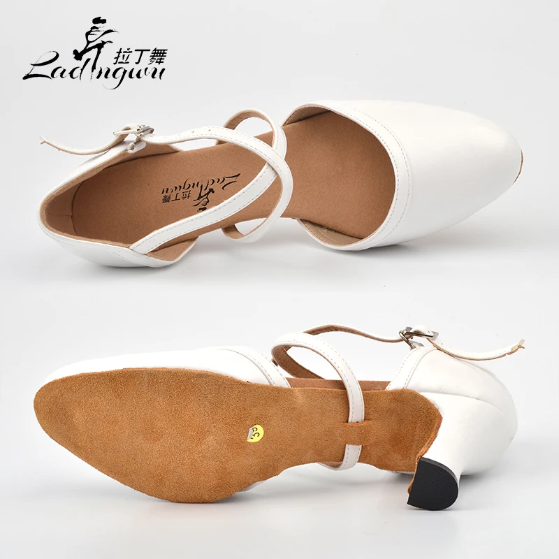 Ladingwu White Soft Bottom Closed toe Ballroom Dance Competition Shoes Microfiber Synthetic Leather Latin Dance Shoes Woman