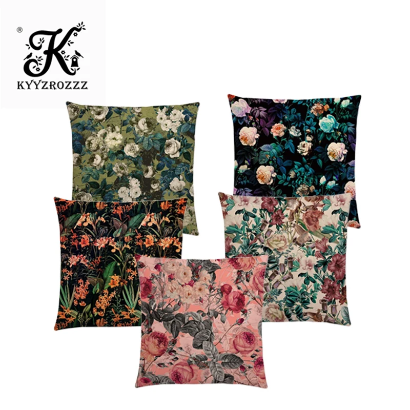 Hot Sale Black Night Vintage Forest Botanical Garden Future Dream Colorful Flowers Leaves Prints Cushion Cover Sofa Throw Pillow