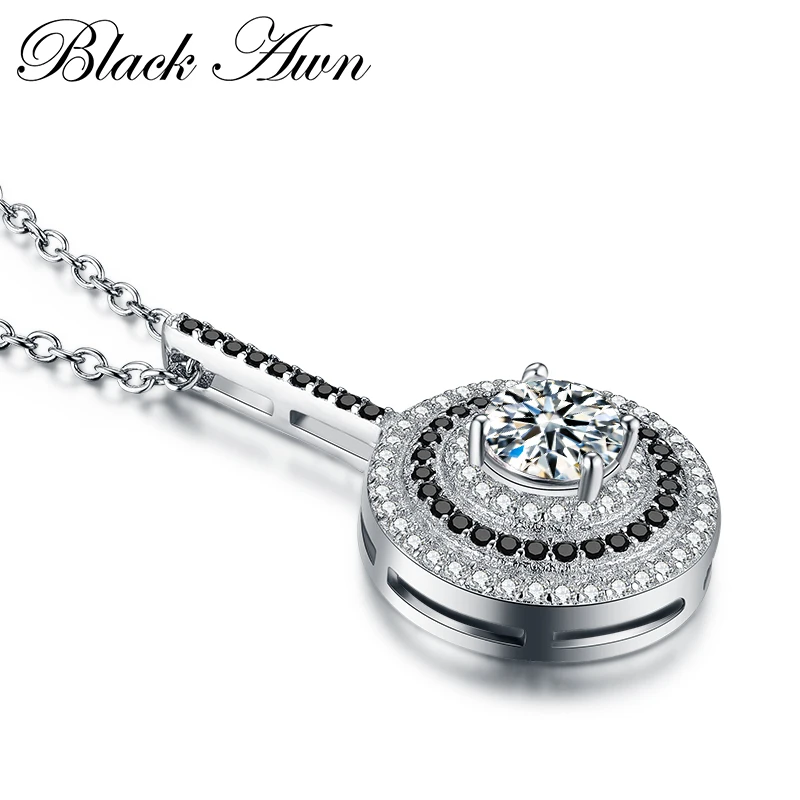 [BLACK AWN] Silver Color Women\'s Necklace Fashion Jewelry Round Bijoux Black Spinel Pendants Necklace P074