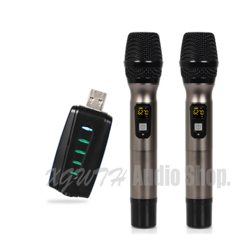 

Dual UHF Wireless Microphone System 2 Handheld Mic UHF Speaker with Portable USB Receiver For KTV DJ Speech Amplifier Recording