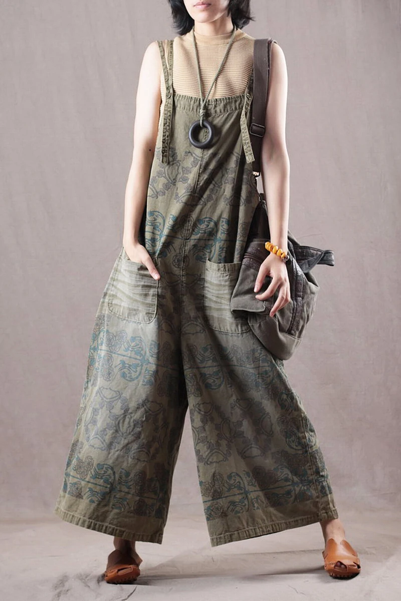 

2018 female new autumn plus size literary and leisure cotton print casual bib wide-leg denim loose pant